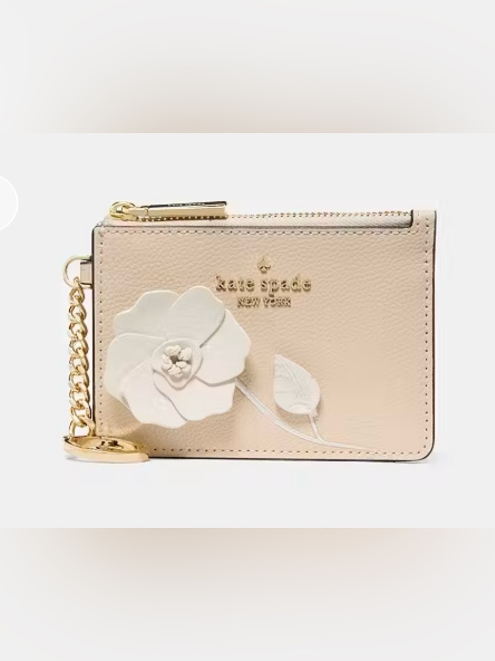 kate spade Ivy Pale Blush Key Ring Zip Wallet with White Floral Appliqué Leather